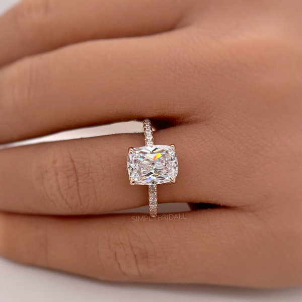 2.50 Elongated Cushion Cut Moissanite Engagement Ring, Solitaire Long Cushion Cut Moissanite Ring, Sterling Silver with Vermeil