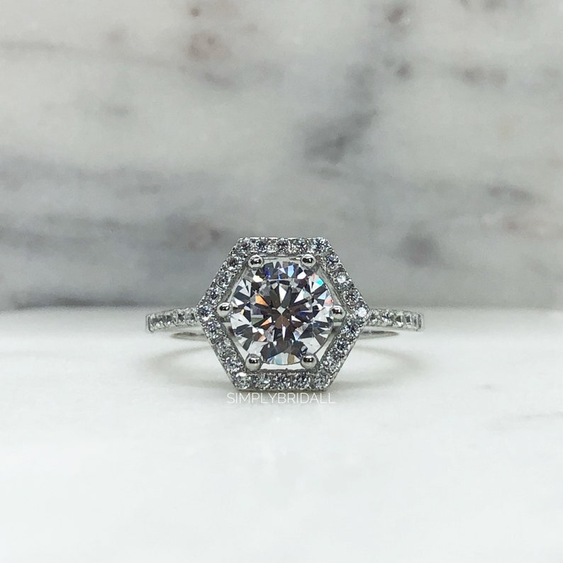 Hexagon Halo Engagement Ring Hexagonal Halo Wedding Ring Etsy