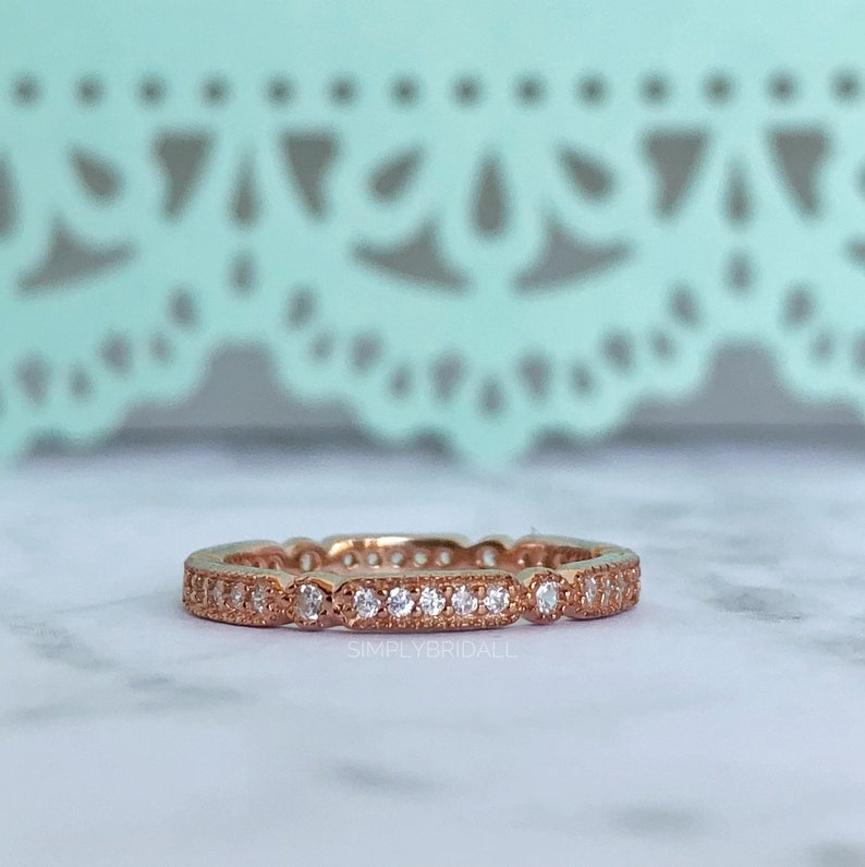 Art Deco 18k Rose Gold Eternity Band Sterling Silver Rose Etsy