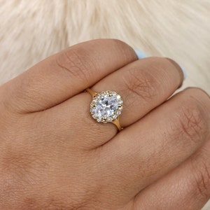 Oval Halo Engagement Ring, 14k Solid Gold, Simulated Diamonds, Dainty Oval Engagement Ring