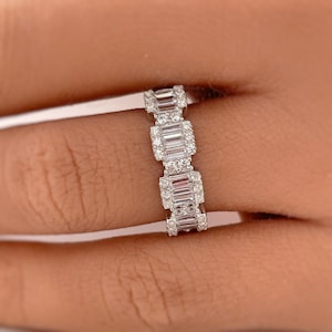 Baguette Diamond Band, Sterling Silver Emerald Cut Wedding Band, Simulated Diamonds, Stacking Band, Baguette Half Eternity Band