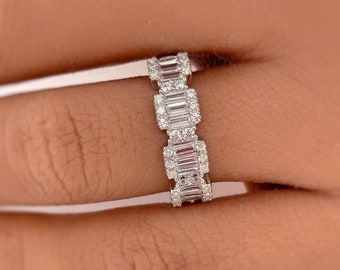 Sterling Silver Baguette Diamond Band: Simulated Emerald Cut Eternity Ring