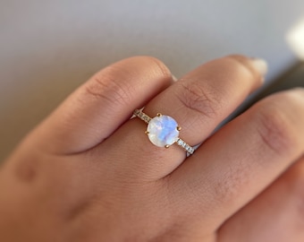 Moonstone Ring, Natural Moonstone Ring, Simple Solitaire Moonstone Stone Ring, Sterling Silver
