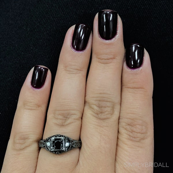 Anillo de compromiso Art Déco con diamante negro, anillo Art Déco negro, anillo de filigrana negra, anillo llamativo de rodio negro