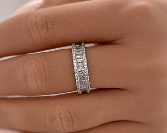 Alliance en argent sterling diamants taille émeraude, Alliance éternité, Baguette superposable, Diamant simulé, Alliance minimaliste