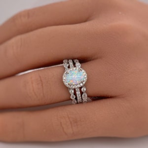 Opal Engagement Ring Set, 3 Ring Set Art Deco Fitted Opal Ring Set, Opal Bridal Set, Wedding Ring Opal Band, Bridal Set