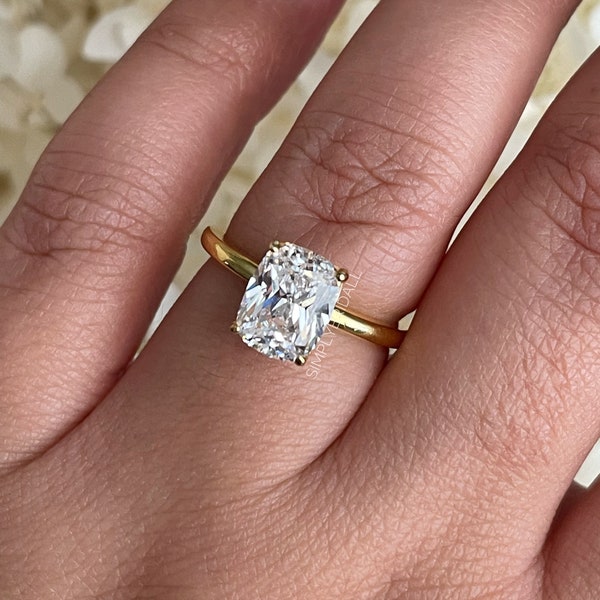 2.50 Elongated Cushion Cut Moissanite Engagement Ring, Solitaire Long Cushion Cut Moissanite Ring, Sterling Silver with Vermeil