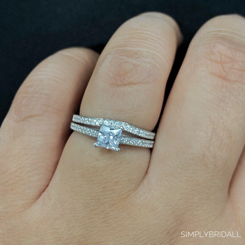 Minimalist Princess Cut Wedding Ring Square Diamond Ring 0.50ct Princess Diamond Engagement Ring Set Half Eternity Fitted Band