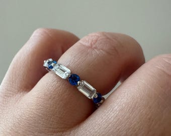 Jonc éternité baguette saphir bleu, argent sterling