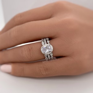 1.00ct Oval Halo Ring Set, 3 Ring Set, Art Deco Ring Set, Sterling Silver with Vermeil, Minimalist Set, Bridal Set, Engagement Ring Set
