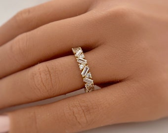 14k Baguette Moissanite Band, Statement Emerald Cut Ring, Moissanite Baguette and Round Diamond Stacking Bands, Anniversary Ring