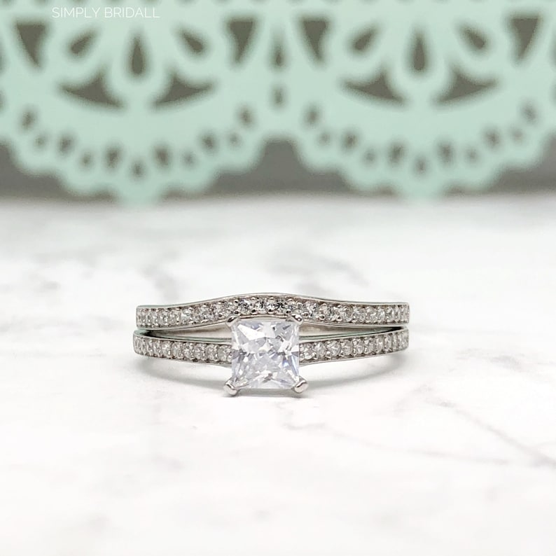 Minimalist Princess Cut Wedding Ring Square Diamond Ring 0.50ct Princess Diamond Engagement Ring Set Half Eternity Fitted Band