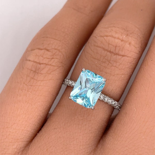 2.50ct Radiant Cut Blue Topaz Engagement Ring, Radiant Solitaire Ring, Simulated Diamonds, Sterling Silver with Vermeil Dainty Minimalist