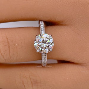 2.00ct Round Moissanite Engagement Ring, 4 Prong Genuine Moissanite, Hidden Halo, Bridal Ring, Proposal Ring, Sterling Silver with Vermeil