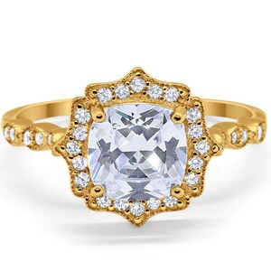 Art Deco Cushion Engagement Ring, Cushion Cut Diamond, Antique Ring, Wedding Ring, Art Deco Halo Proposal Ring Gold Vermeil