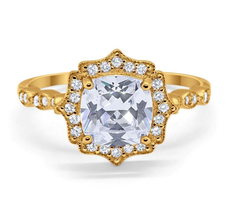 Art Deco Cushion Engagement Ring, Cushion Cut Diamond, Antique Ring, Wedding Ring, Art Deco Halo Proposal Ring Gold Vermeil