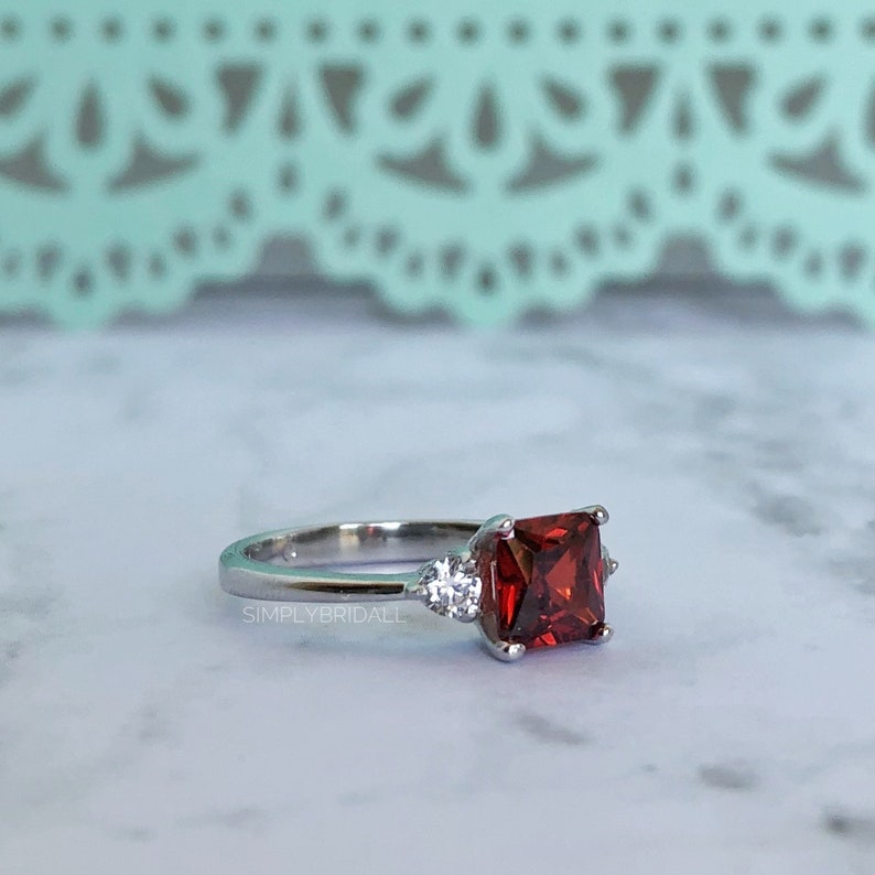Red Ruby Square Engagement Ring Sterling Silver Red Ruby Ring Simulated Diamond Ruby Square Wedding Engagement Anniversary Ring Ruby Ring