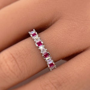 Ruby Square and Diamond Baguette Band, Ruby Baguette Diamond Band, Wedding Band, Anniversary Band, Full Eternity Band Sterling Silver