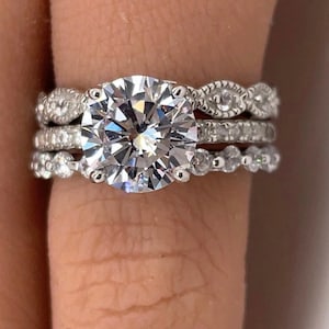 2.00ct Art Deco Engagement Ring Set, 3 Ring Solitaire Ring Twisted Band Set, Solitaire Art Deco Engagement Set Braided Eternity Band