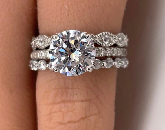 2.00ct Art Deco Engagement Ring Set 3 Ring Solitaire Ring Twisted Band Set Solitaire Art Deco Engagement Set Braided Eternity Band