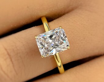 Bague de fiançailles en moissanite taille radiant de 3,00 cts, argent sterling vermeil, 14 carats