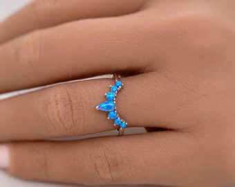 Curved Sterling Silver Band Ring with Pear Blue Opal Vermeil