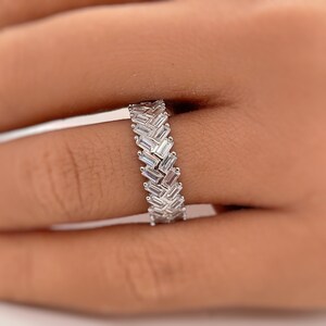Baguette Diamond Eternity Band, Sterling Silver Herringbone Cut Wedding Band, Baguette Eternity Band, Simulated Diamond, Minimalist Band