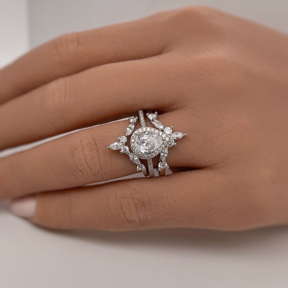 1.00ct Pear Halo Ring Set, 3 Ring Set, Art Deco Pear 1.00ct Pear Halo Ring Set, 3 Ring Set, Art Deco Pear