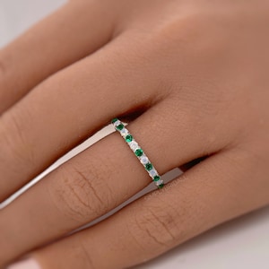 Opal and Emerald Eternity Band, Lab Opal  Lab Emerald Set Band, Sterling Silver Wedding Band, Minimalist Dainty, Gold & Rose Gold Vermeil