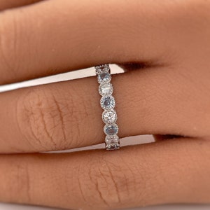 Aquamarine and Diamond Bezel Eternity Band, Simulated Diamond Sterling Silver Wedding Band, Aquamarine Bezel Eternity Band, Stacking Band