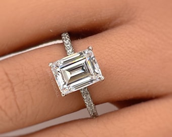 2.50ct Emerald Cut Moissanite Engagement Ring, Sterling Silver or Solid Gold