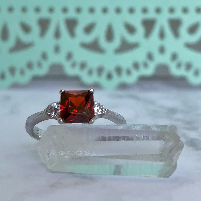 Red Ruby Square Engagement Ring Sterling Silver Red Ruby Ring Simulated Diamond Ruby Square Wedding Engagement Anniversary Ring Ruby Ring
