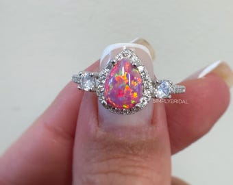 Bague halo d'opale de feu rose, fiançailles Art déco en argent sterling
