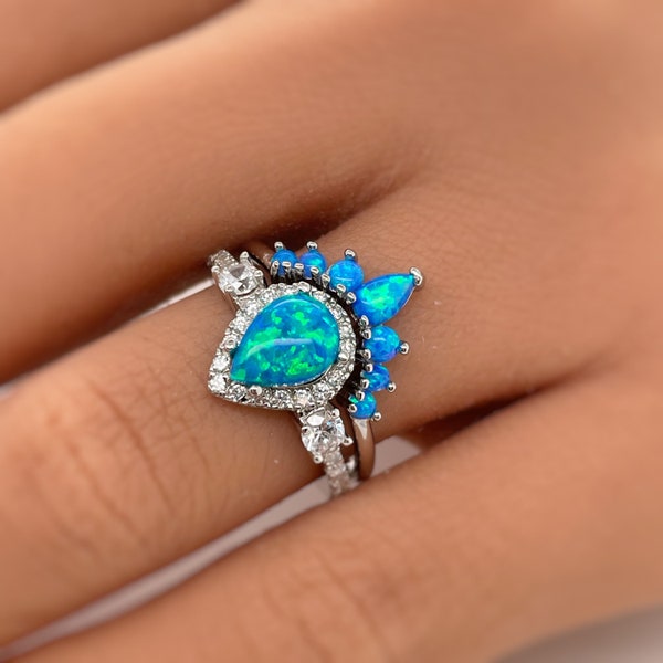 Blue Opal Engagement Ring Set 14k Gold, Art Deco Fitted Blue Opal Ring Set, Opal Bridal Set, Wedding Ring Opal Band, Pear Opal Ring