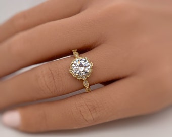 1.00ct Moissanite 14k Gold Art Deco Flower Engagement Ring