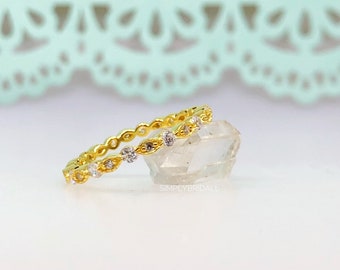 Micro Art Déco Oro Giallo Vermeil Eternity Band Argento Sterling Fede Nuziale Molto Delicata Eternity Band Art Déco Band Diamanti Simulati