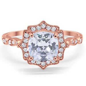 Art Deco Cushion Engagement Ring, Cushion Cut Diamond, Antique Ring, Wedding Ring, Art Deco Halo Proposal Ring Rose Gold Vermeil