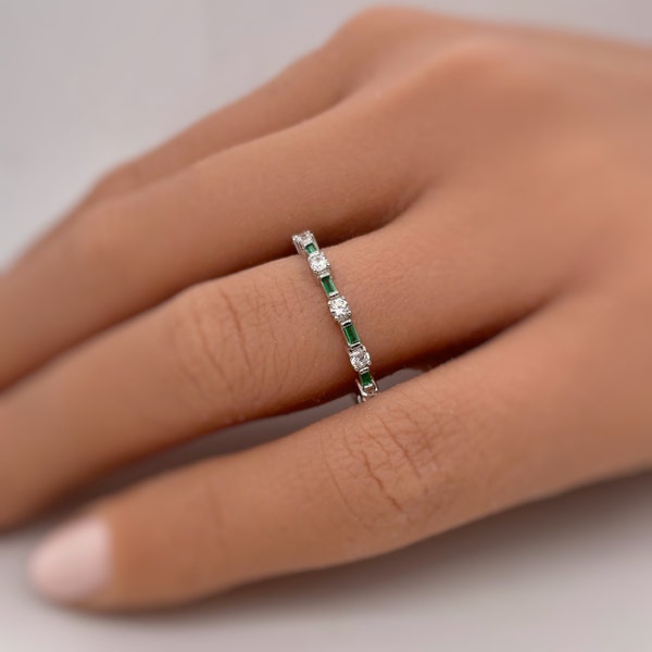 Thin Green Emerald Baguette Eternity Band, Sterling Silver, Dainty Wedding Band Baguette Eternity Band