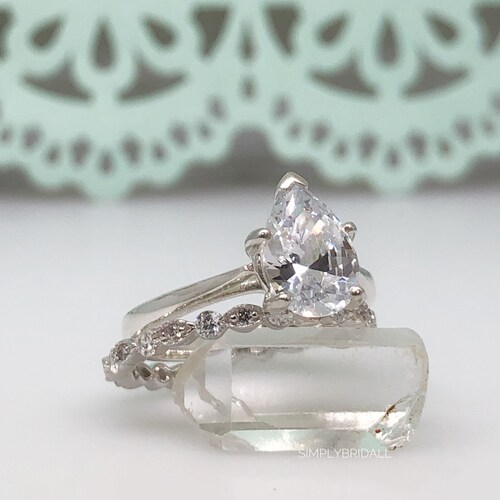 2.00ct Pear Shape shops Engagement Ring Set, Engagement Set, Pear Drop Wedding Set, Proposal Ring