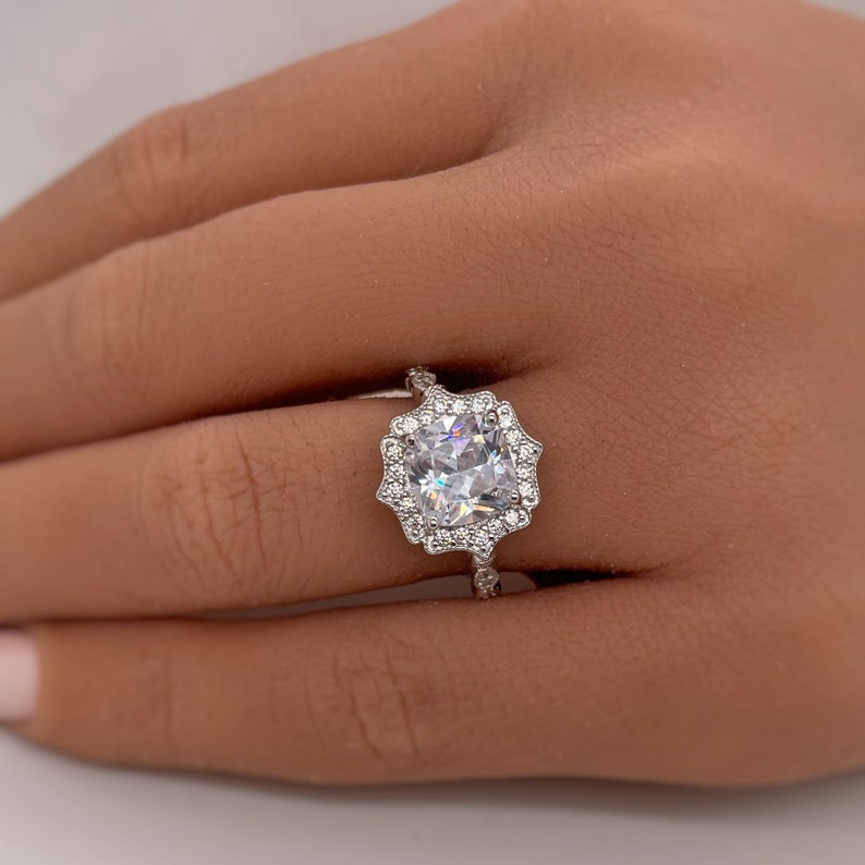 Art Deco Cushion Engagement Ring, Cushion Cut Diamond, Antique Ring, Wedding Ring, Art Deco Halo Proposal Ring image 1