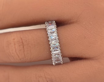 Large Radiant Diamond Band, Sterling Silver, Wedding Band, Eternity Band, Stacking Radiant Band, Simulated Diamond, Sparkling Diamond Band