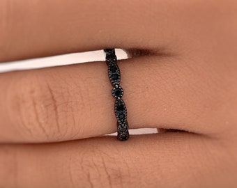 Black Twist Art Deco Ring, Black  Marquise Half Eternity Band, Dainty Black Rhodium Black Stackable Ring