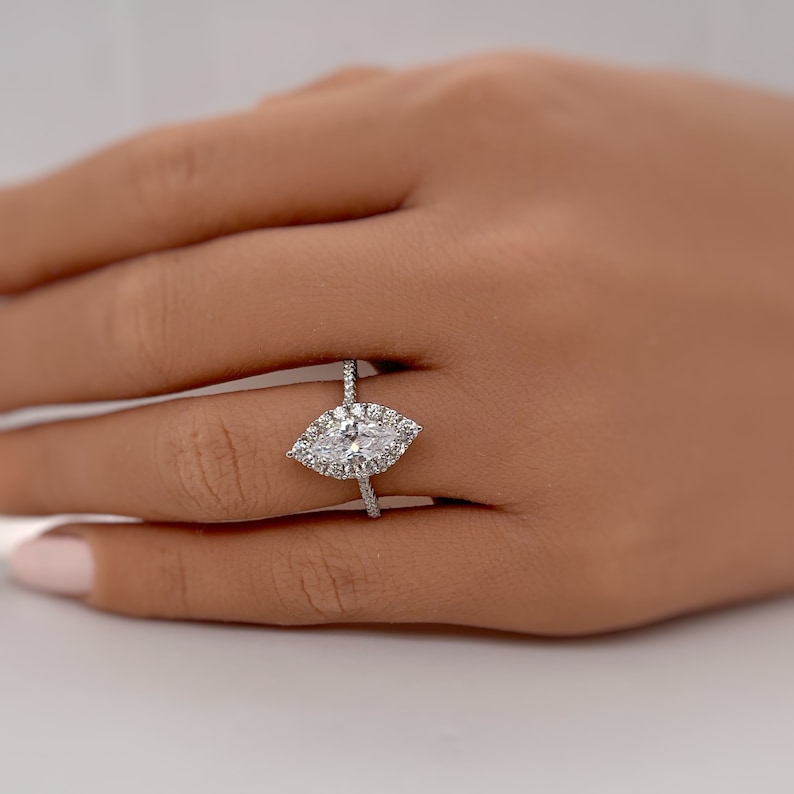 1.50ct Marquise Halo Moissanite Engagement Ring, 14k Marquise Engagement Ring, Simple Minimalist Ring, Moissanite Simulated Diamonds image 3