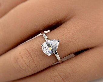 Bague de fiançailles poire moissanite, halo caché, or 14 carats ou argent sterling