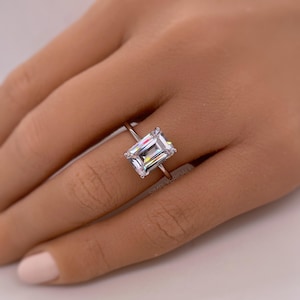 4.00ct Emerald Cut Moissanite Engagement Ring, Thin Emerald Solitaire, Hidden Halo, Long Emerald Moissanite Ring, Silver Vermeil, 14k