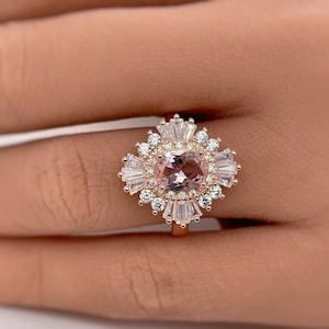 Oval Morganite Art Deco, Victorian Engagement Ring, Baguette Halo, Morganite Engagement Ring, Large Rose Gold Morganite Ring
