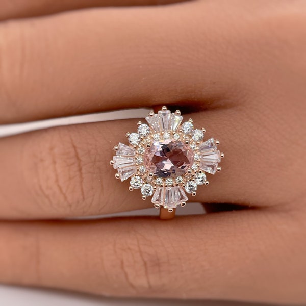 Oval Morganite Art Deco, Victorian Engagement Ring, Baguette Halo, Morganite Engagement Ring, Large Rose Gold Morganite Ring