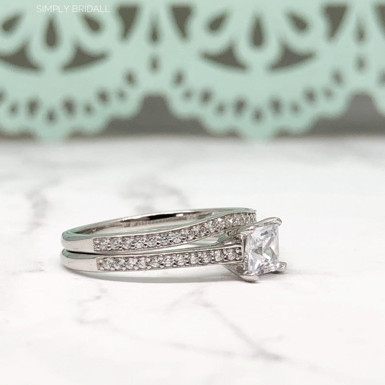 Minimalist Princess Cut Wedding Ring Square Diamond Ring 0.50ct Princess Diamond Engagement Ring Set Half Eternity Fitted Band