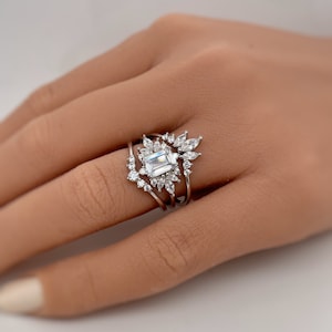 1.00ct Emerald Cut Ring Set, 3 Ring Set, Fitted Marquise V Bands, Simulated Diamonds, Sterling Silver with Vermeil, Minimalist Set