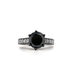 Anillo de compromiso solitario de diamante negro de 2,00 ct, anillo negro de 6 puntas, anillo solitario de una sola piedra negra, anillo solitario de rodio negro